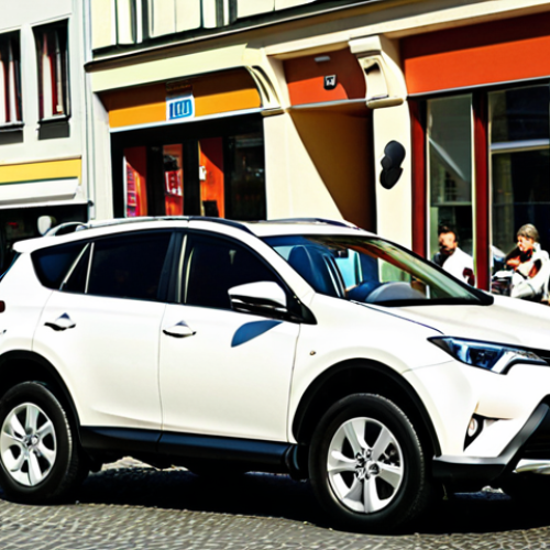 Home 4 **Prompt:** A sporty, compact Toyota RAV4 parked on a bustling city street in Berlin, Germany. Focus on the car's sharp lines and modern design. Pedestrians and cyclists are visible in the background. The weather is sunny.