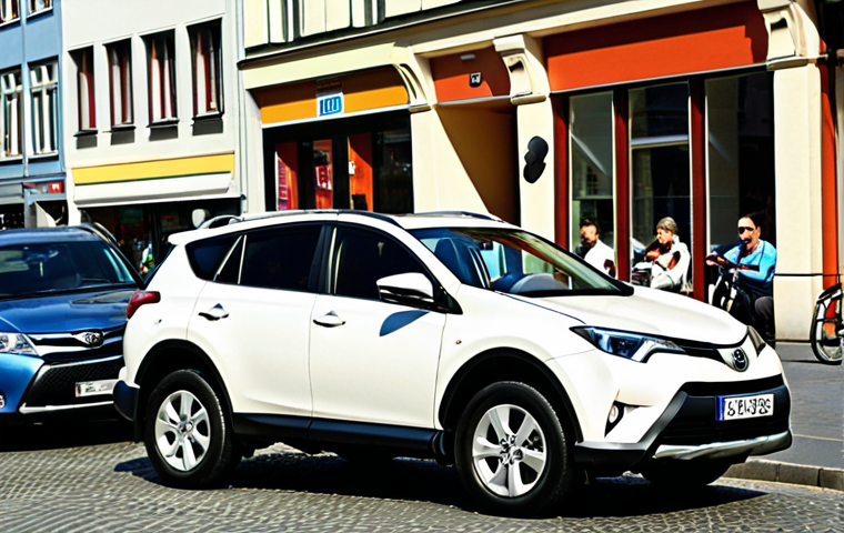**Prompt:** A sporty, compact Toyota RAV4 parked on a bustling city street in Berlin, Germany. Focus on the car's sharp lines and modern design. Pedestrians and cyclists are visible in the background. The weather is sunny.